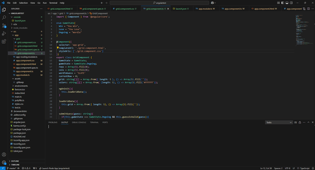 Visual Studio Code IDE code editor with code for Wordle style game
