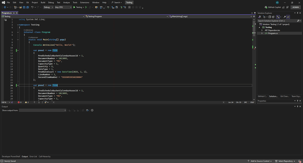 Visual Studio IDE code editor with C# unit testing code