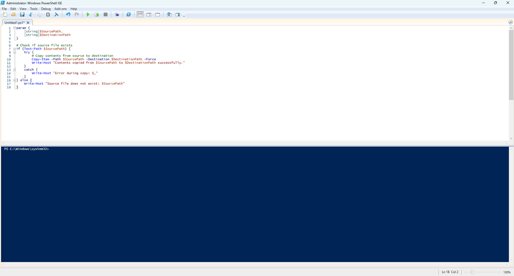 Windows Powershell ISE editor with code to copy contents from one file path to another