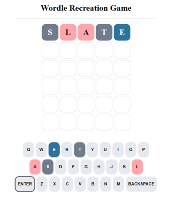 Wordle style word game with blue and pink color scheme